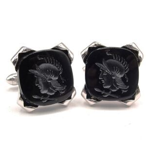 Vintage Swank Roman Centurion Cufflinks Black Glass Intaglio Soldier Warrior MCM